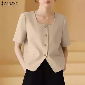 ZANZEA Женская повседневная летняя блузка с квадратным воротником и коротким рукавом S чёрный