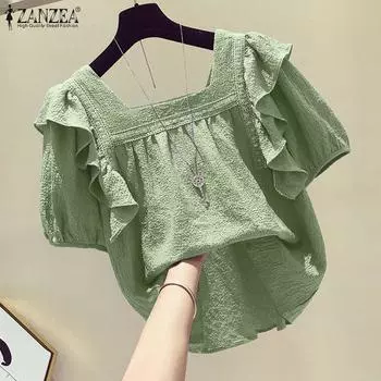 ZANZEA Женская повседневная летняя блузка с квадратным воротником и коротким рукавом S зелёный
