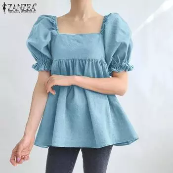 ZANZEA Женская повседневная летняя блузка с квадратным вырезом и короткими рукавами