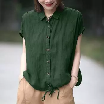 ZANZEA Женская повседневная летняя блузка с отложным воротником и короткими рукавами 3XL зелёный