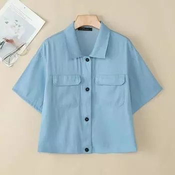 ZANZEA Женская повседневная летняя блузка с отложным воротником и коротким рукавом M светло-синий