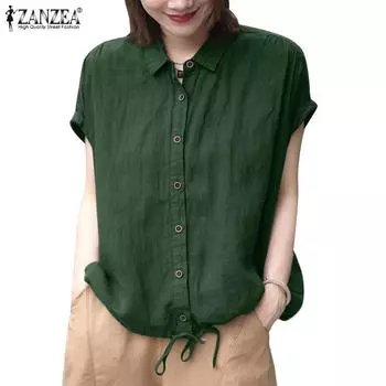 ZANZEA Женская повседневная летняя блузка с отложным воротником и короткими рукавами 3XL зелёный