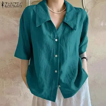 ZANZEA Женская повседневная летняя блузка с отложным воротником и короткими рукавами 4XL темно-зеленого