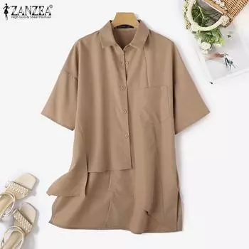ZANZEA Женская повседневная летняя блузка с отложным воротником и короткими рукавами нерегулярной формы