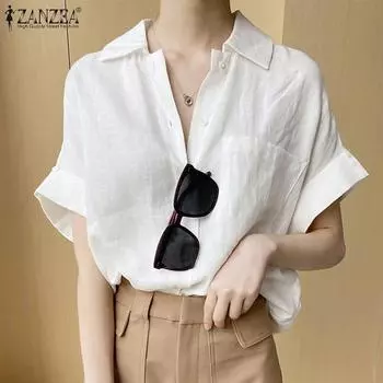 ZANZEA Женская повседневная летняя блузка с отложным воротником и короткими рукавами 5XL хаки