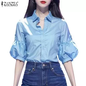 ZANZEA Женская повседневная летняя блузка с отложным воротником и коротким рукавом 4XL синий