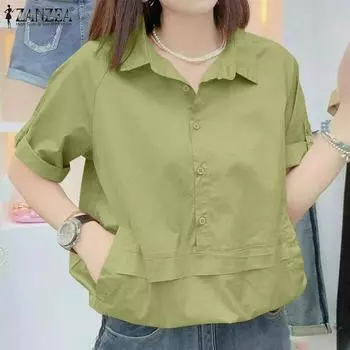 ZANZEA Женская повседневная летняя блузка с отложным воротником и короткими рукавами M зелёный