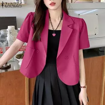 ZANZEA Женская повседневная летняя блузка с отложным воротником и коротким рукавом S чёрный