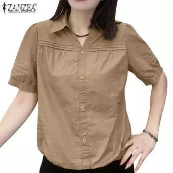 ZANZEA Женская повседневная летняя блузка с отложным воротником и коротким рукавом 3XL зелёный