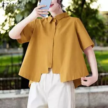 ZANZEA Женская повседневная летняя блузка с отложным воротником и коротким рукавом S чёрный