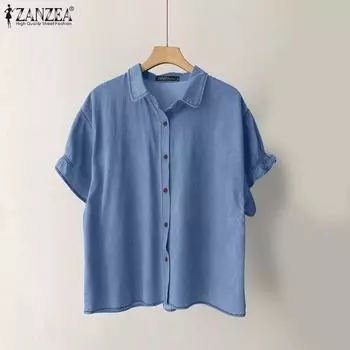 ZANZEA Женская повседневная летняя блузка с отложным воротником и коротким рукавом S синий