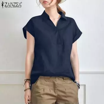 ZANZEA Женская повседневная летняя блузка с отложным воротником и коротким рукавом 3XL хаки