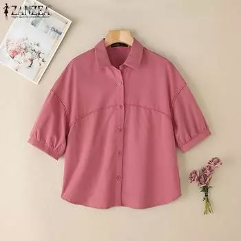 ZANZEA Женская повседневная летняя блузка с отложным воротником и коротким рукавом 2XL