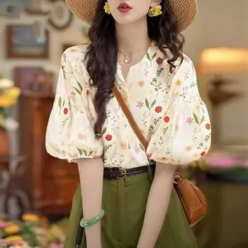 ZANZEA Женская повседневная летняя блузка с V-образным вырезом и рукавом до локтя с цветочным принтом XL