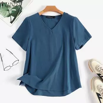 ZANZEA Женская повседневная летняя блузка с v-образным вырезом и короткими рукавами, топы S хаки
