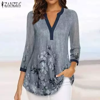 ZANZEA Женская повседневная летняя блузка с v-образным вырезом и рукавами 3/4 с цветочным принтом S серый