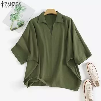 ZANZEA Женская повседневная летняя блузка с v-образным вырезом и рукавами 3/4 S темно-синий