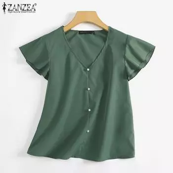 ZANZEA Женская повседневная летняя блузка с v-образным вырезом и расклешенными рукавами 4XL зелёный