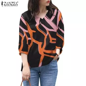 ZANZEA Женская повседневная летняя блузка с v-образным вырезом и рукавами 3/4 с принтом