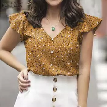 ZANZEA Женская повседневная летняя блузка с v-образным вырезом и коротким рукавом с принтом 5XL