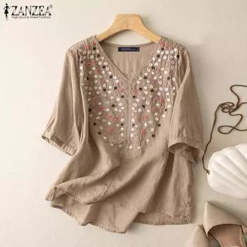 ZANZEA Женская повседневная летняя блузка с V-образным вырезом и коротким рукавом с вышивкой S фиолетовый