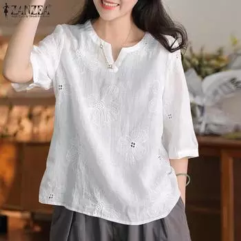 ZANZEA Женская повседневная летняя блузка с V-образным вырезом и рукавом 3/4 с вышивкой S бежевый