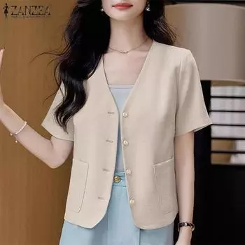 ZANZEA Женская повседневная летняя блузка с v-образным вырезом и короткими рукавами S темно-синий