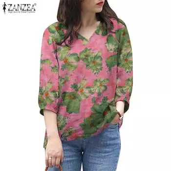 ZANZEA Женская повседневная летняя блузка с v-образным вырезом и рукавами 3/4 S розовый