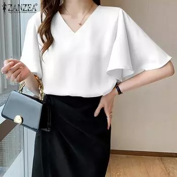 ZANZEA Женская повседневная летняя блузка с V-образным вырезом и рукавами 3/4 5XL хаки