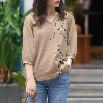 ZANZEA Женская повседневная летняя блузка с v-образным вырезом и рукавами 3/4 с цветочным принтом, топы 4XL оранжевый