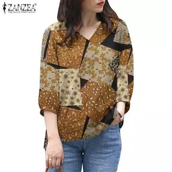 ZANZEA Женская повседневная летняя блузка с v-образным вырезом и рукавами 3/4 с принтом S жёлтый