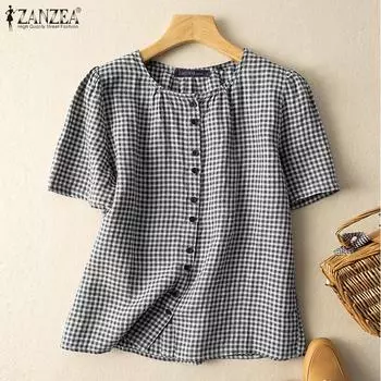 ZANZEA Женская повседневная летняя блузка в клетку с коротким рукавом и круглым вырезом 4XL синий