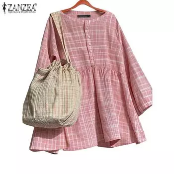 ZANZEA Женская повседневная летняя блузка в клетку с круглым вырезом и рукавом 3/4 S розовый
