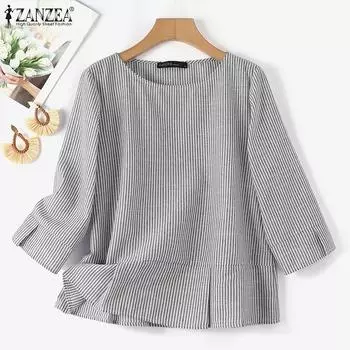 ZANZEA Женская повседневная летняя блузка в полоску с круглым вырезом и рукавами 3/4 3XL серый