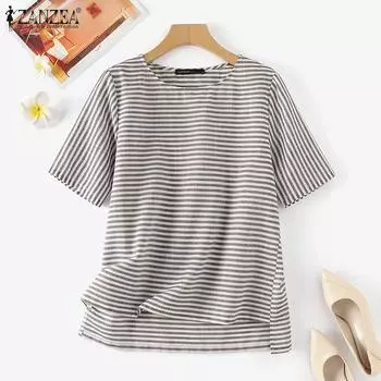 ZANZEA Женская повседневная летняя блузка в полоску с круглым вырезом и половиной рукавов S чёрный