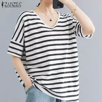 ZANZEA Женская повседневная летняя блузка в полоску с v-образным вырезом и короткими рукавами S красный