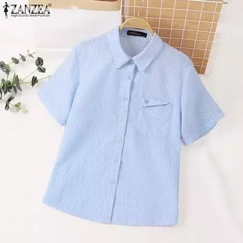 ZANZEA Женская повседневная летняя блузка в полоску с отложным воротником и короткими рукавами 4XL синий