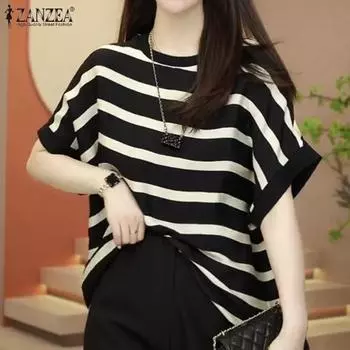 ZANZEA Женская повседневная летняя блузка в полоску с коротким рукавом и круглым вырезом S зелёный