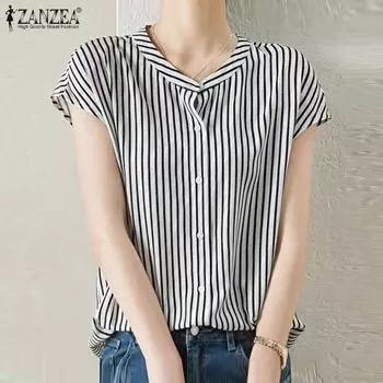 ZANZEA Женская повседневная летняя блузка в полоску с коротким рукавом и круглым вырезом 4XL белый