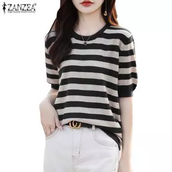 ZANZEA Женская повседневная летняя блузка в полоску с круглым вырезом и короткими рукавами S чёрный