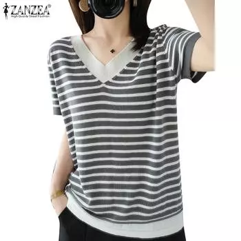 ZANZEA Женская повседневная летняя блузка в полоску с v-образным вырезом и короткими рукавами S