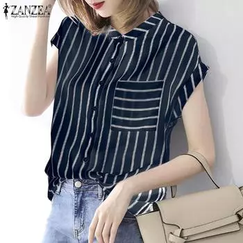ZANZEA Женская повседневная летняя блузка в полоску с воротником-стойкой и коротким рукавом L белый