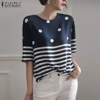 ZANZEA Женская повседневная летняя блузка в полоску с коротким рукавом и круглым вырезом в стиле пэчворк S коричневый