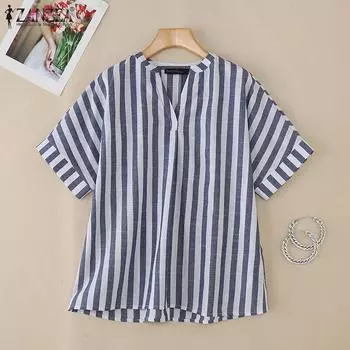 ZANZEA Женская повседневная летняя блузка в полоску с V-образным вырезом и коротким рукавом S зелёный