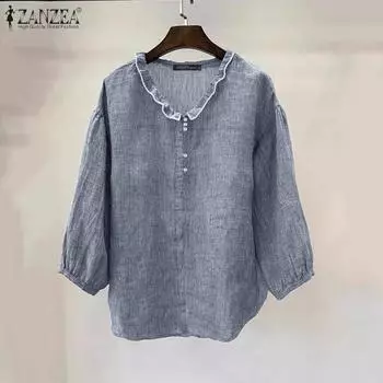 ZANZEA Женская повседневная летняя блузка в полоску с круглым вырезом и рукавом 3/4 S чёрный