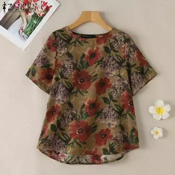 ZANZEA Женская повседневная летняя футболка с коротким рукавом и цветочным принтом 3XL жёлтый