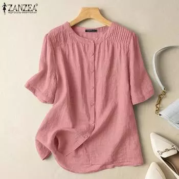 ZANZEA Женская повседневная летняя футболка с круглым вырезом и половиной рукава