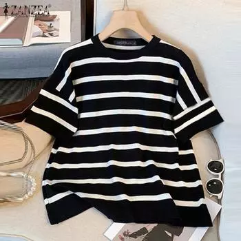 ZANZEA Женская повседневная летняя футболка в полоску с коротким рукавом и круглым вырезом 5XL