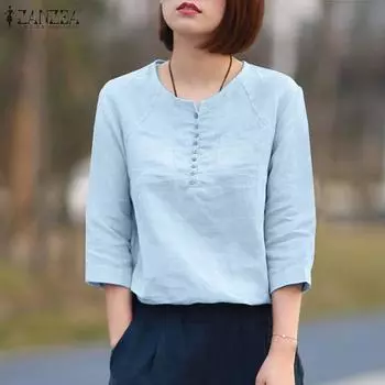 ZANZEA Женская повседневная летняя хлопковая блузка с круглым вырезом и рукавами 3/4 5XL темно-зеленого