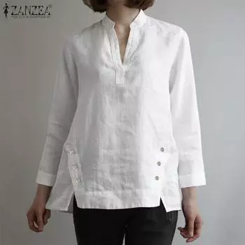 ZANZEA Женская повседневная летняя хлопковая блузка с v-образным вырезом и рукавами 3/4 XL белый